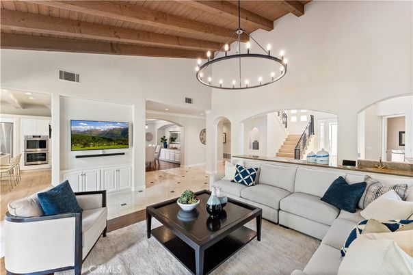 Chandelier, Interior, Living room, Pendant Lights, Recessed Lighting, Wooden Beams, Wooden Ceilings