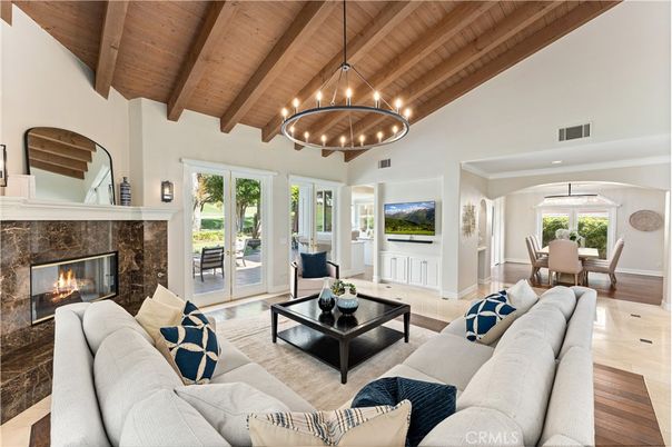 Chandelier, Dining room, Fireplace, Interior, Living room, Wooden Beams, Wooden Ceilings