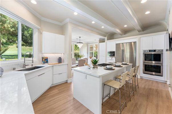 Chandelier, Interior, Kitchen, Recessed Lighting, Stainless Steel Appliances, Wood Texture Flooring