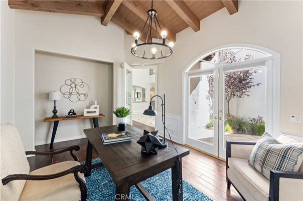 Chandelier, Home Office, Interior, Pendant Lights, Wooden Beams, Wooden Ceilings, Wood Texture Flooring