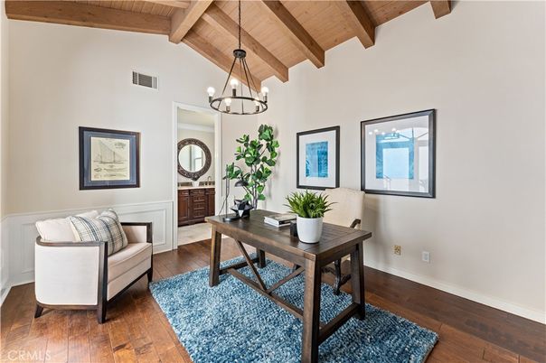 Chandelier, Home Office, Interior, Pendant Lights, Wooden Beams, Wooden Ceilings, Wood Texture Flooring