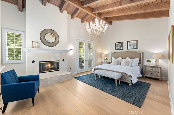 Bedroom, Chandelier, Fireplace, Interior, Wooden Beams, Wooden Ceilings, Wood Texture Flooring