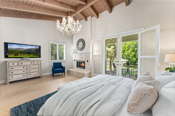 Bedroom, Chandelier, Fireplace, Interior, Wooden Beams, Wooden Ceilings, Wood Texture Flooring