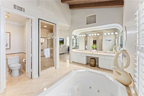 Bathroom, Dual Sink Vanities, Glass Shower, Interior, Wooden Beams, Wooden Ceilings