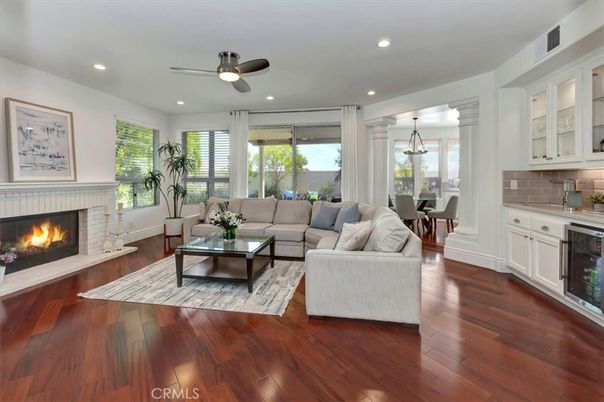Dining room, Fireplace, Interior, Kitchen, Living room, Pendant Lights, Recessed Lighting, Wood Texture Flooring