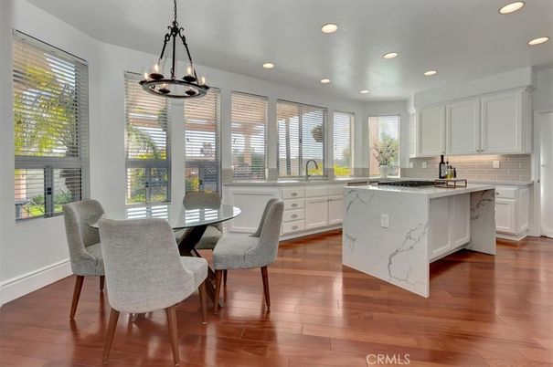 Dining room, Interior, Kitchen, Pendant Lights, Recessed Lighting, Wood Texture Flooring