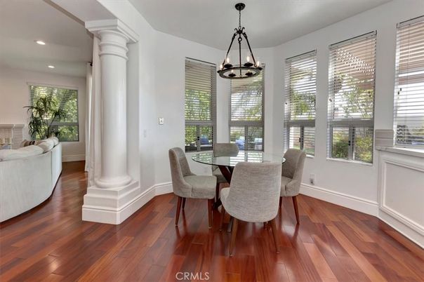 Dining room, Interior, Pendant Lights, Recessed Lighting, Wood Texture Flooring