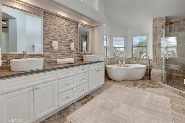 Bathroom, Dual Sink Vanities, Free Standing Baths, Glass Shower, Interior, Stone Walls