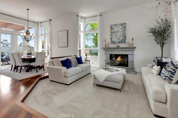 Chandelier, Dining room, Fireplace, Interior, Living room, Pendant Lights, Wood Texture Flooring