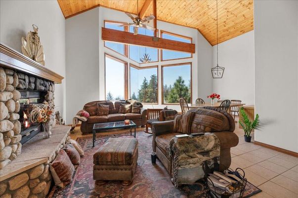 Dining room, Fireplace, Interior, Living room, Pendant Lights, Wooden Ceilings