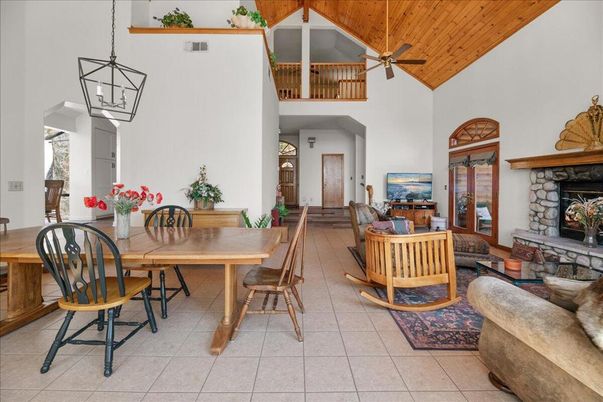 Dining room, Fireplace, Interior, Pendant Lights, Wooden Ceilings