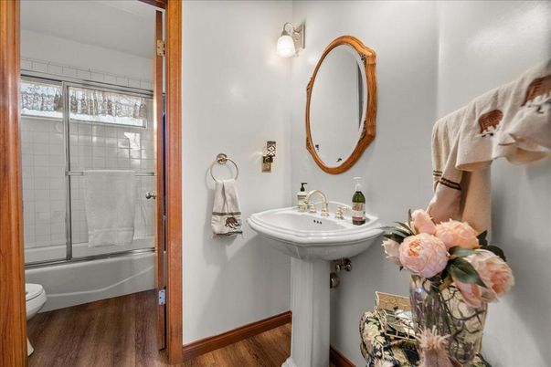 Bathroom, Glass Shower, Interior, Wood Texture Flooring