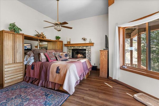 Bedroom, Fireplace, Interior, Wood Texture Flooring