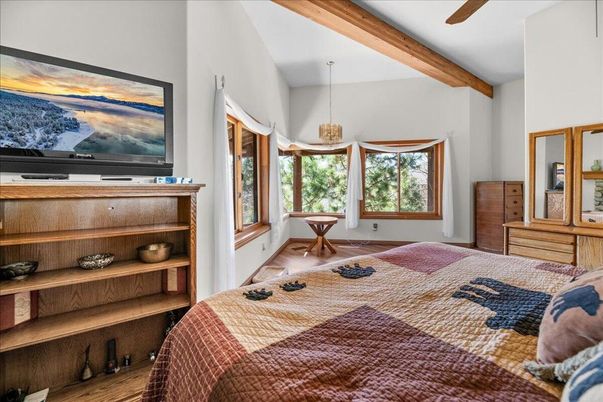 Bedroom, Interior, Pendant Lights, Wooden Beams, Wood Texture Flooring