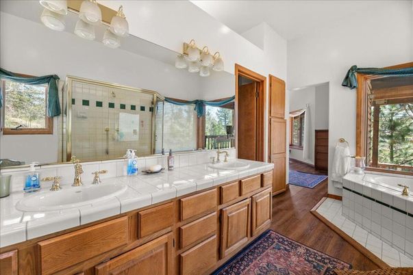 Bathroom, Dual Sink Vanities, Interior, Tile Countertops, Wood Texture Flooring