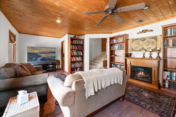 Fireplace, Interior, Living room, Recessed Lighting, Wooden Ceilings, Wood Texture Flooring
