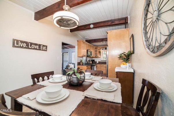 Dining room, Interior, Kitchen, Pendant Lights, Wooden Beams, Wood Texture Flooring