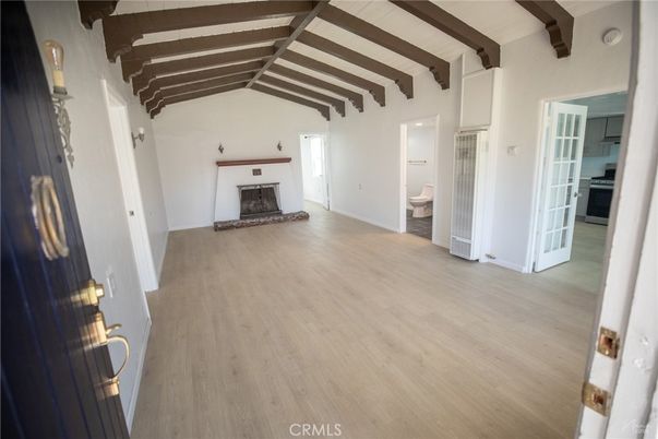 Bathroom, Empty room, Fireplace, Interior, Wooden Beams, Wood Texture Flooring
