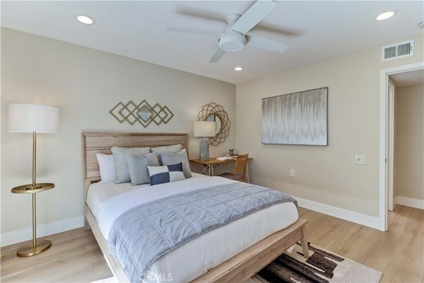 Bedroom, Interior, Recessed Lighting, Wood Texture Flooring