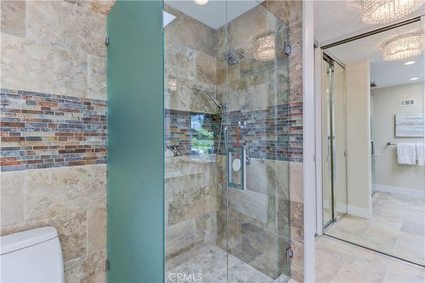 Bathroom, Glass Shower, Interior, Recessed Lighting, Stone Walls