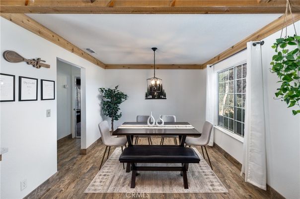 Dining room, Interior, Pendant Lights, Wooden Beams, Wood Texture Flooring