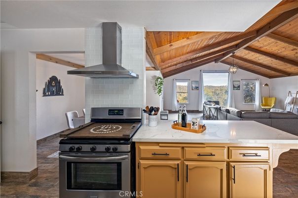 Interior, Kitchen, Living room, Pendant Lights, Stainless Steel Appliances, Wooden Beams, Wooden Ceilings