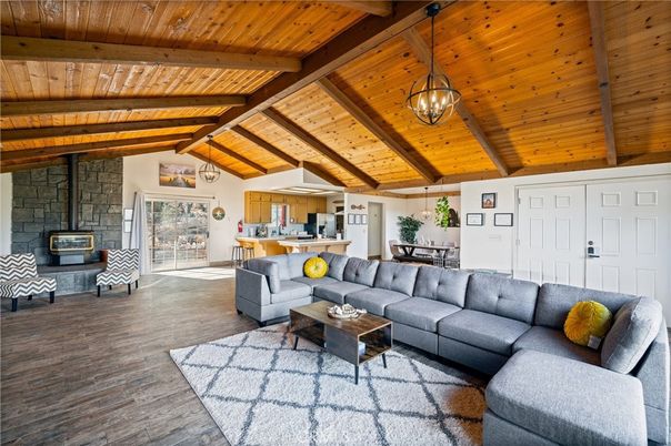 Dining room, Fireplace, Interior, Kitchen, Living room, Pendant Lights, Stone Walls, Wooden Beams, Wooden Ceilings, Wood Texture Flooring