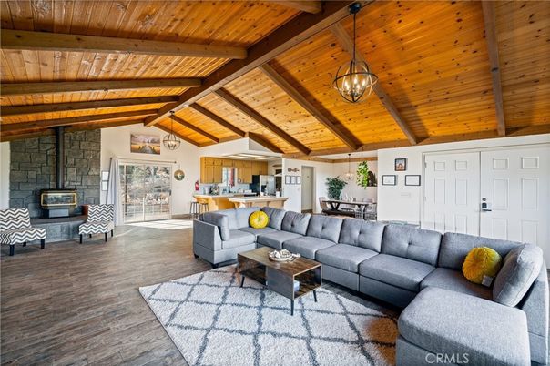 Dining room, Fireplace, Interior, Kitchen, Living room, Pendant Lights, Stone Walls, Wooden Beams, Wooden Ceilings, Wood Texture Flooring