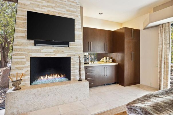 Fireplace, Interior, Recessed Lighting, Stone Walls