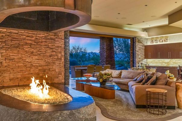 Fireplace, Interior, Living room, Recessed Lighting, Stone Walls