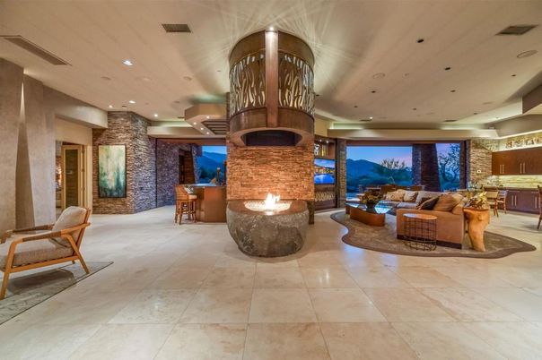 Fireplace, Interior, Living room, Recessed Lighting, Stone Walls