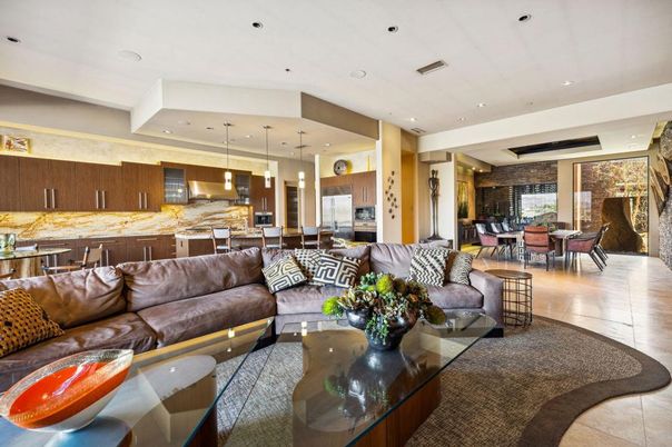 Dining room, Interior, Kitchen, Living room, Pendant Lights, Recessed Lighting, Stainless Steel Appliances, Stone Walls