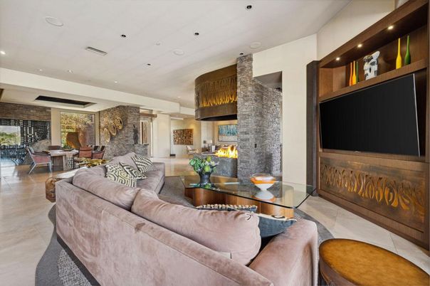 Dining room, Fireplace, Interior, Living room, Recessed Lighting, Stone Walls