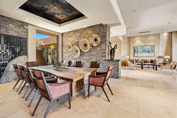Dining room, Interior, Living room, Pendant Lights, Recessed Lighting, Stone Walls