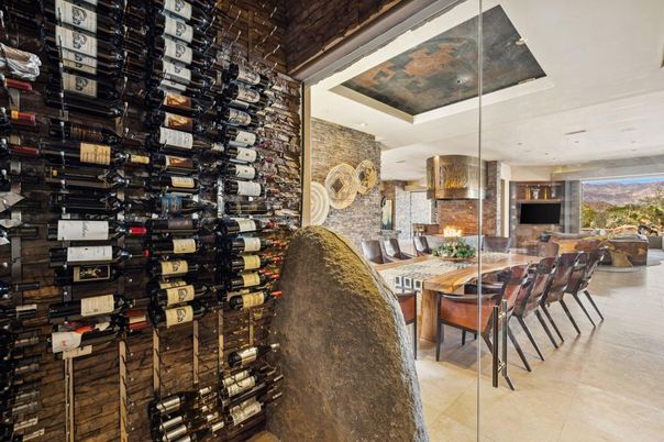 Dining room, Interior, Pendant Lights, Recessed Lighting, Stone Walls, Wine Storage