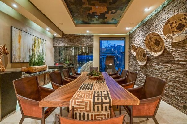 Dining room, Interior, Recessed Lighting, Stone Walls