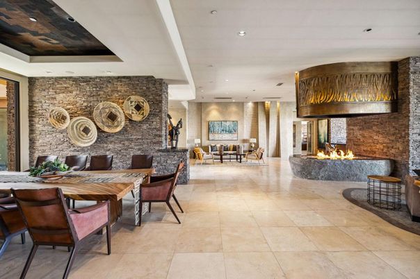 Dining room, Fireplace, Interior, Living room, Recessed Lighting, Stone Walls