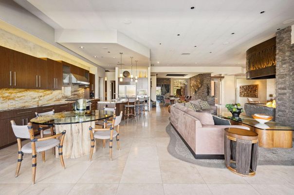 Dining room, Interior, Kitchen, Living room, Pendant Lights, Recessed Lighting, Stainless Steel Appliances, Stone Walls