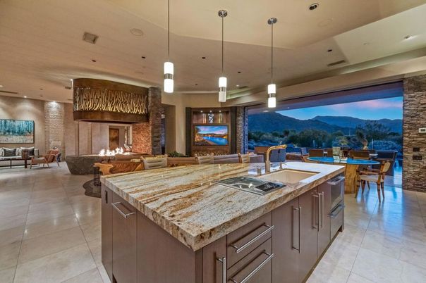 Dining room, Fireplace, Interior, Kitchen, Living room, Pendant Lights, Recessed Lighting