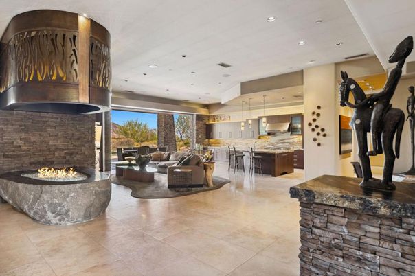 Fireplace, Interior, Kitchen, Living room, Pendant Lights, Recessed Lighting, Stone Walls