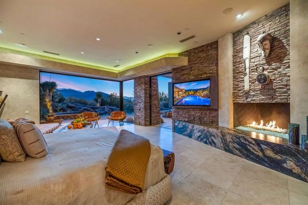 Fireplace, Interior, Recessed Lighting, Stone Walls