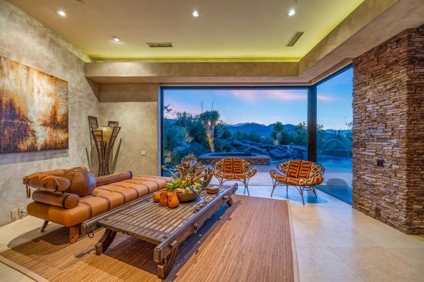 Fireplace, Interior, Recessed Lighting, Stone Walls