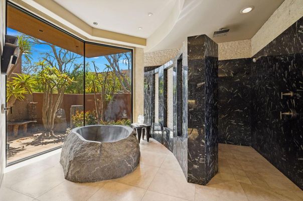 Bathroom, Free Standing Baths, Interior, Marble Walls, Recessed Lighting