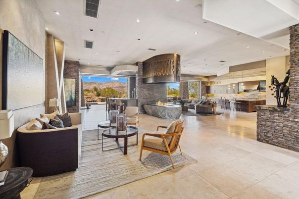 Fireplace, Interior, Kitchen, Living room, Pendant Lights, Recessed Lighting, Stone Walls