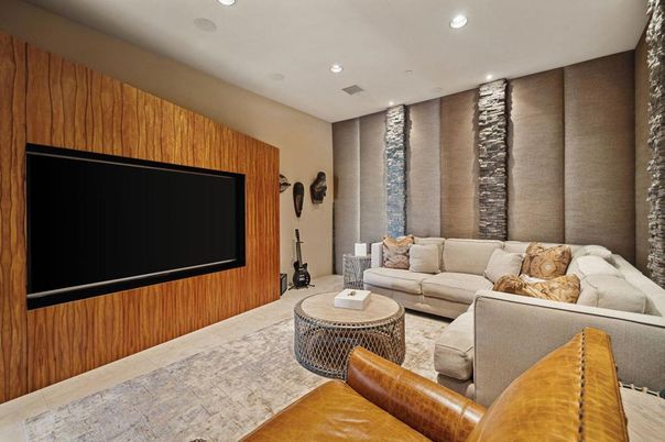 Interior, Living room, Projection Screen, Recessed Lighting, Theatre Room, Wooden Walls