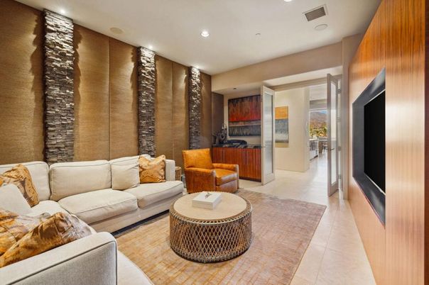 Interior, Living room, Projection Screen, Recessed Lighting, Theatre Room, Wooden Walls