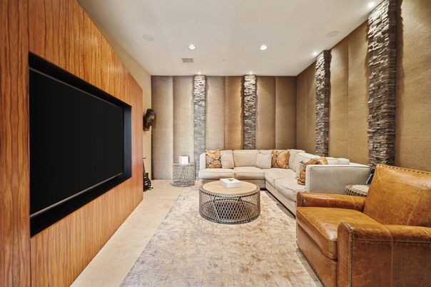 Interior, Living room, Projection Screen, Recessed Lighting, Theatre Room, Wooden Walls