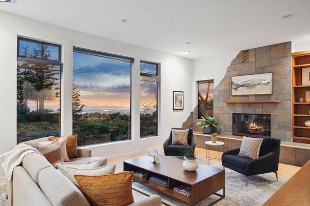 Fireplace, Interior, Living room, Recessed Lighting, Stone Walls