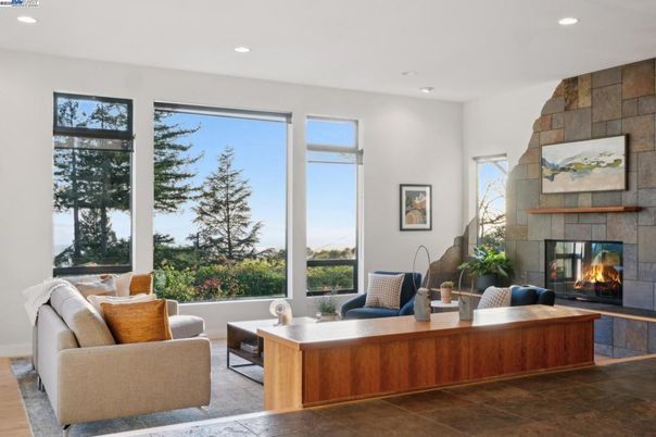 Fireplace, Interior, Living room, Recessed Lighting, Stone Walls