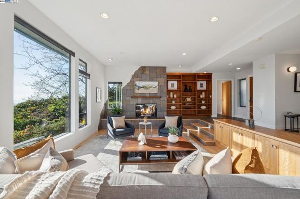Fireplace, Interior, Living room, Recessed Lighting, Stone Walls